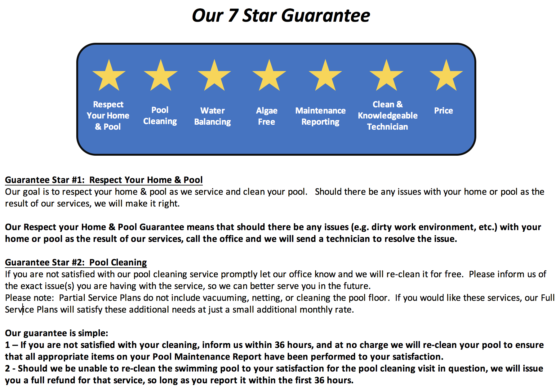 7 Star Kingwood Pool Service Guarantee